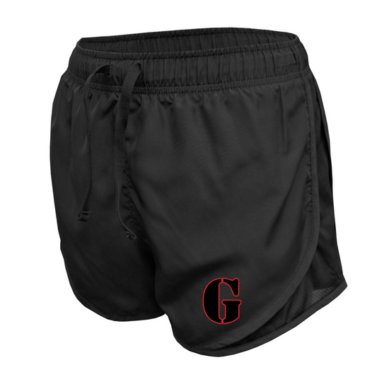 Black Gunners Baseball women's athletic shorts with red outlined G logo