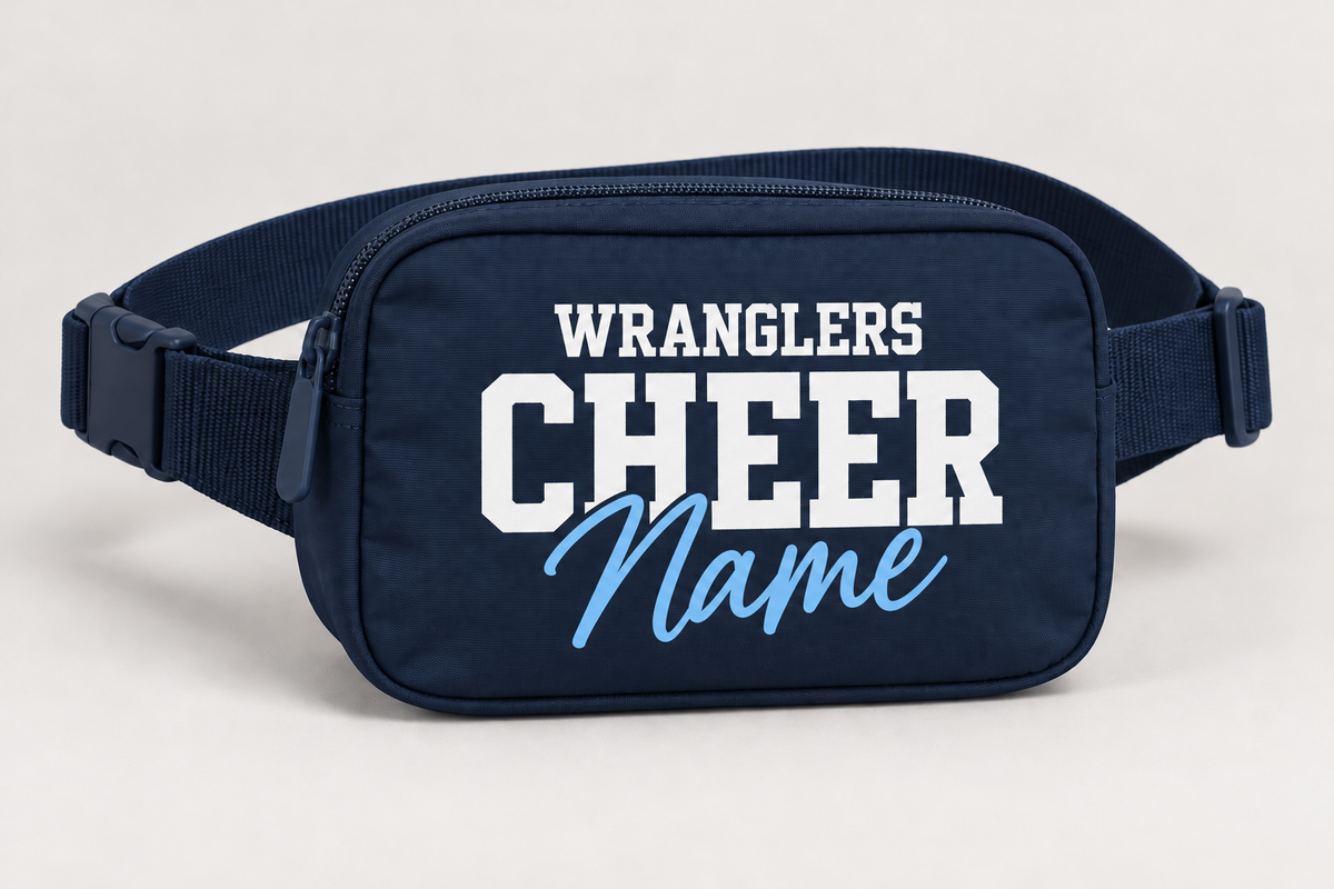 Navy Wranglers Cheer personalized belt bag with white printed lettering and light blue script name