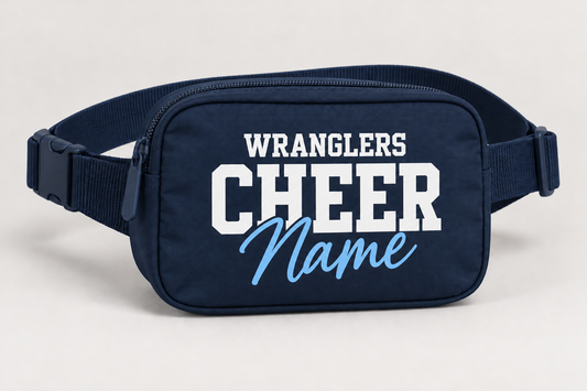 Navy Wranglers Cheer personalized belt bag with white printed lettering and light blue script name