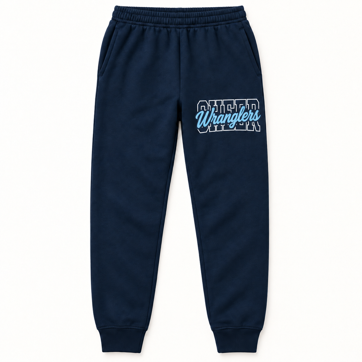 Navy Wranglers Cheer fleece joggers with white collegiate lettering and light blue script print