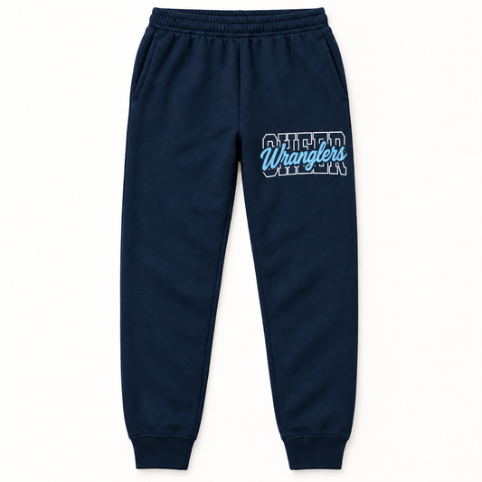 Navy Wranglers Cheer fleece joggers with white collegiate lettering and light blue script print