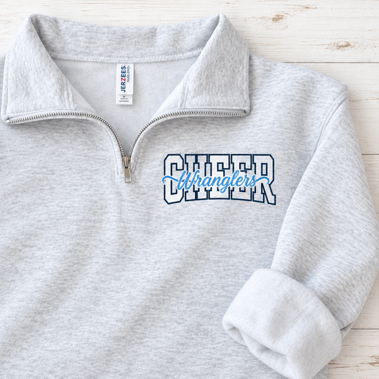 Heather gray Wranglers Cheer quarter-zip with navy CHEER outline and light blue script print