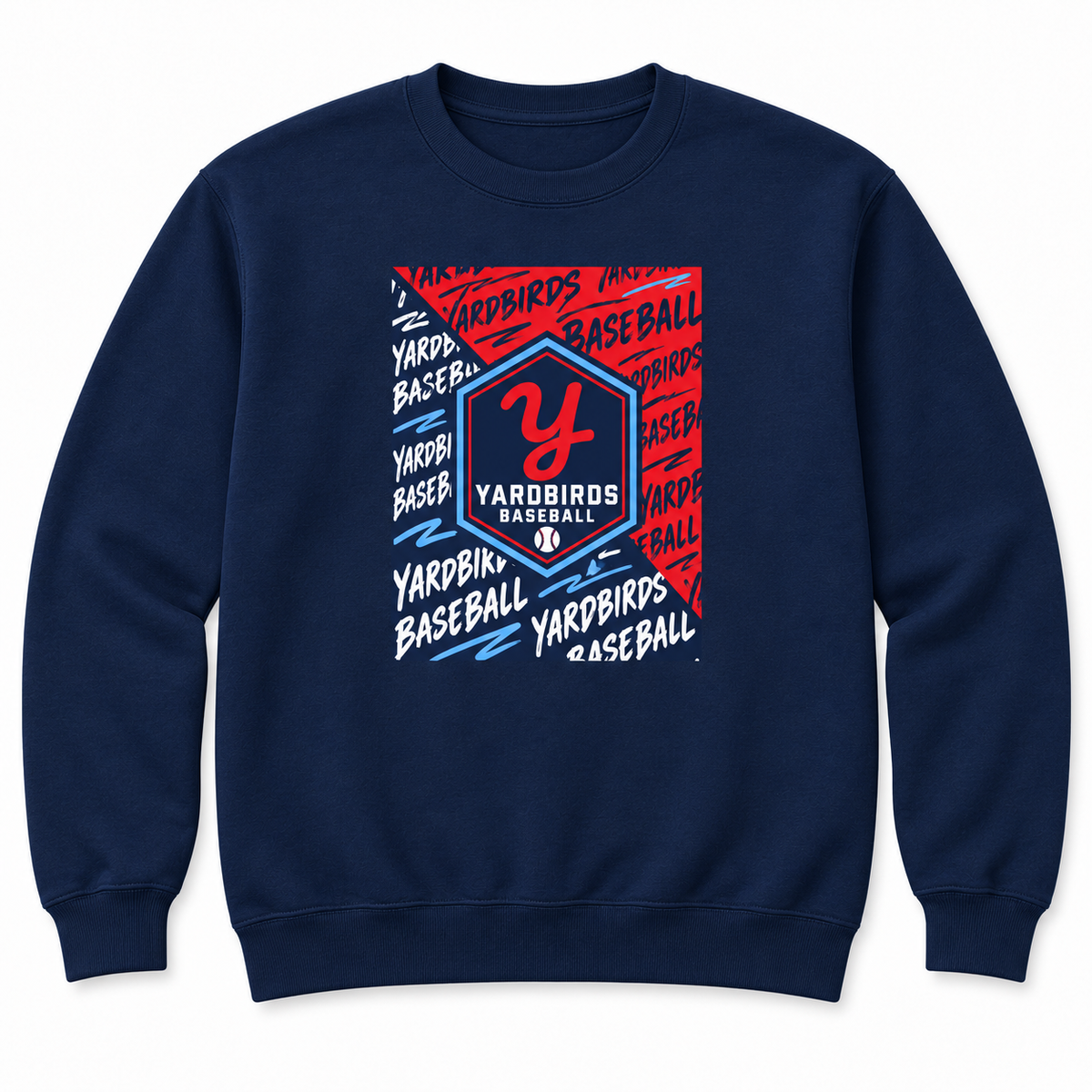 Navy crewneck sweatshirt with a smaller centered Yardbirds Baseball diagonal badge design in red, Columbia blue, and white