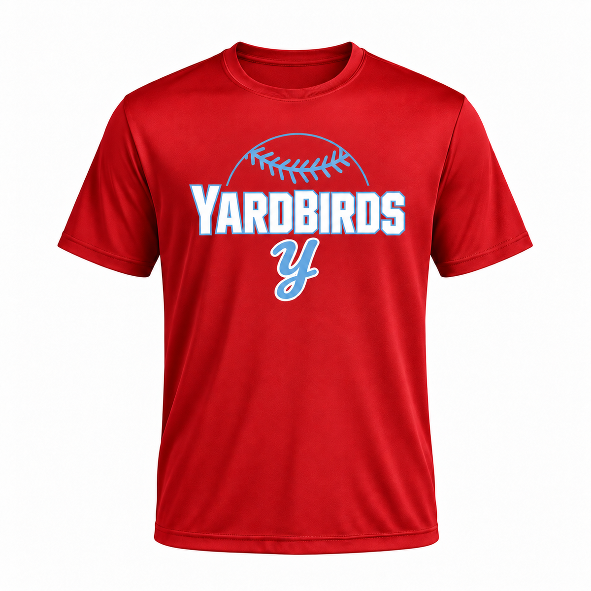 Red Yardbirds shirt with white and Columbia blue printed baseball laces design