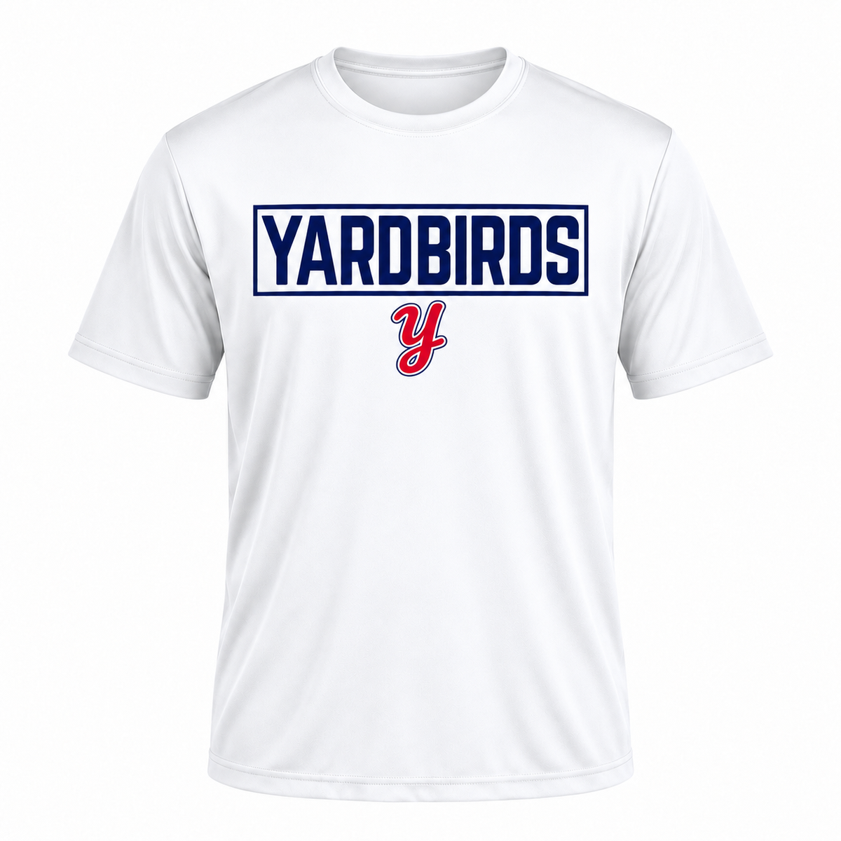 White Yardbirds shirt with navy boxed lettering and red script Y, printed design
