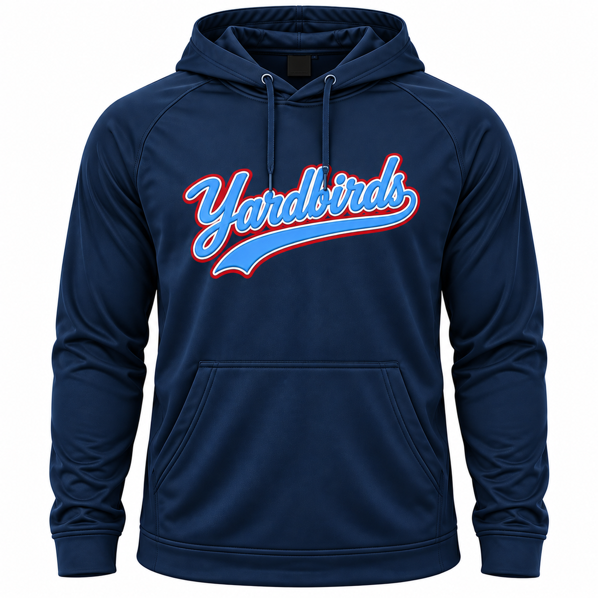 Front of navy Yardbirds printed performance hoodie with Columbia blue white and red script