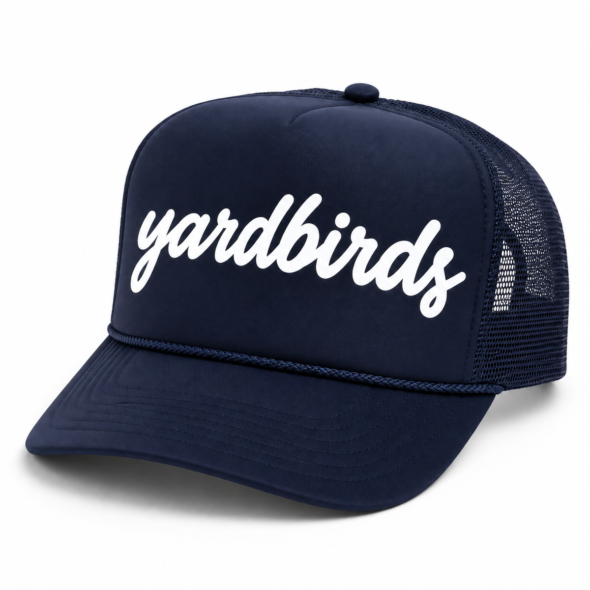 Yardbirds Navy Rope Trucker Script Hat front individual product view
