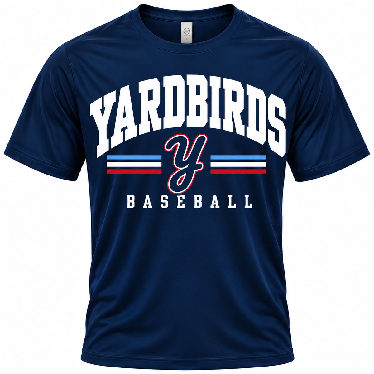 Navy Yardbirds collegiate baseball tee with solid white arched lettering