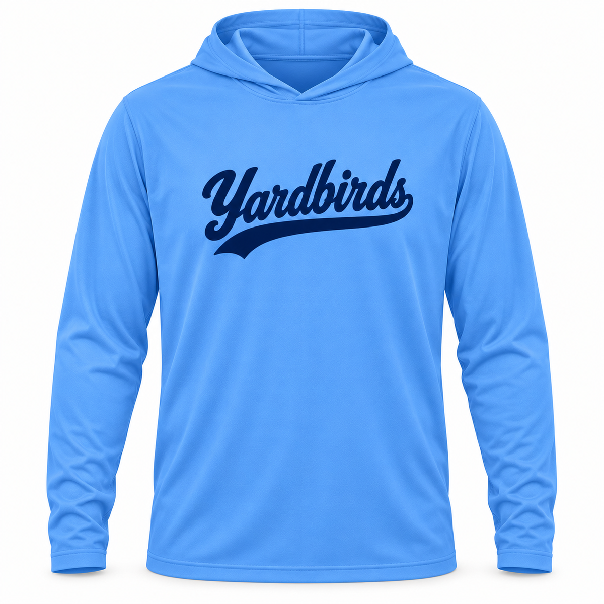 Columbia blue long-sleeve hooded performance tee with navy Yardbirds script