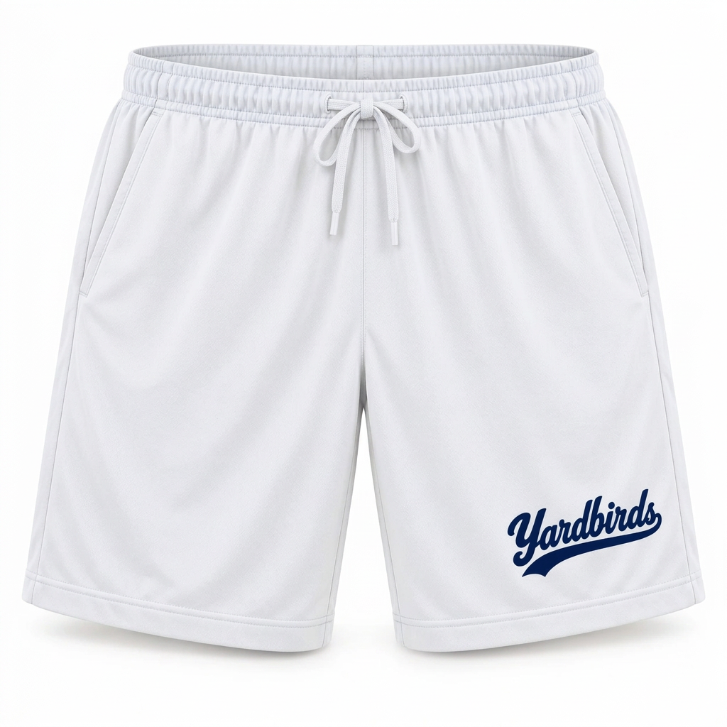 Columbia blue athletic shorts with navy Yardbirds script near the hem