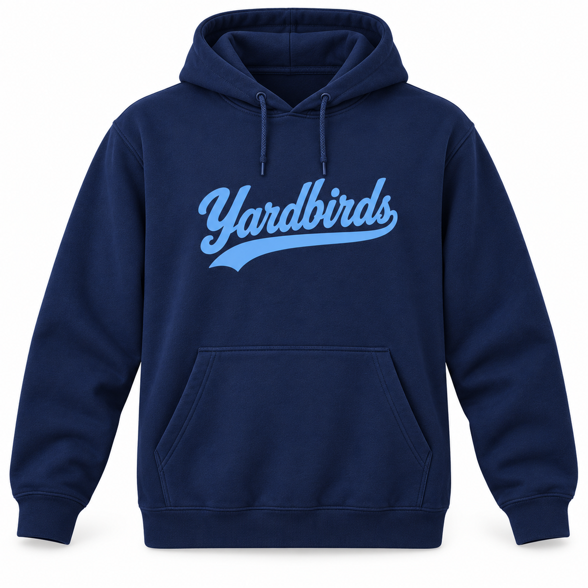 Navy fleece hoodie with Columbia blue Yardbirds script across the chest