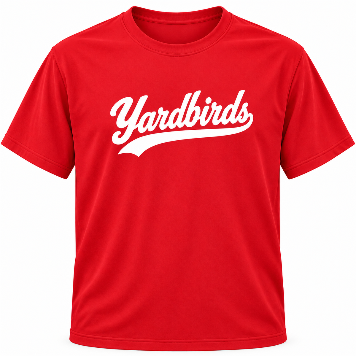 Red Yardbirds performance tee with white script front design