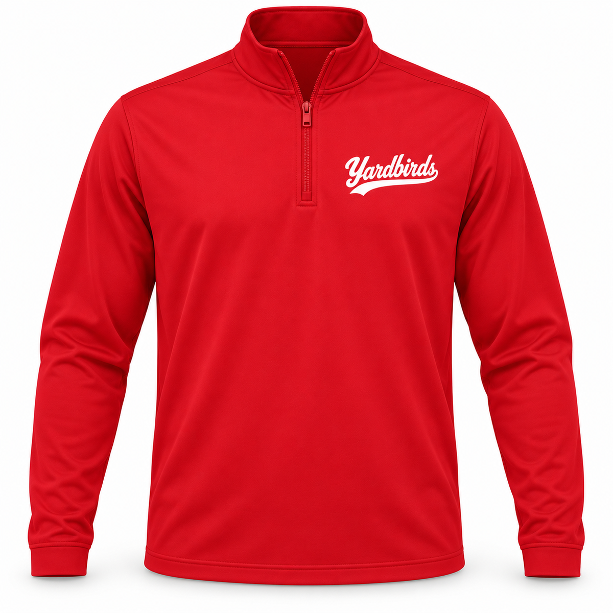 Red long-sleeve quarter-zip with white Yardbirds script on the left chest