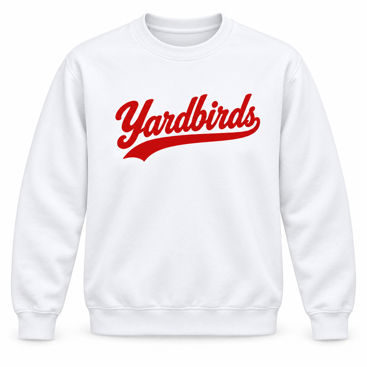 White crewneck sweatshirt with red Yardbirds script across the chest