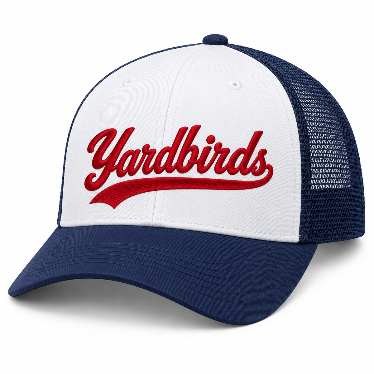 White and navy trucker cap with red embroidered Yardbirds script