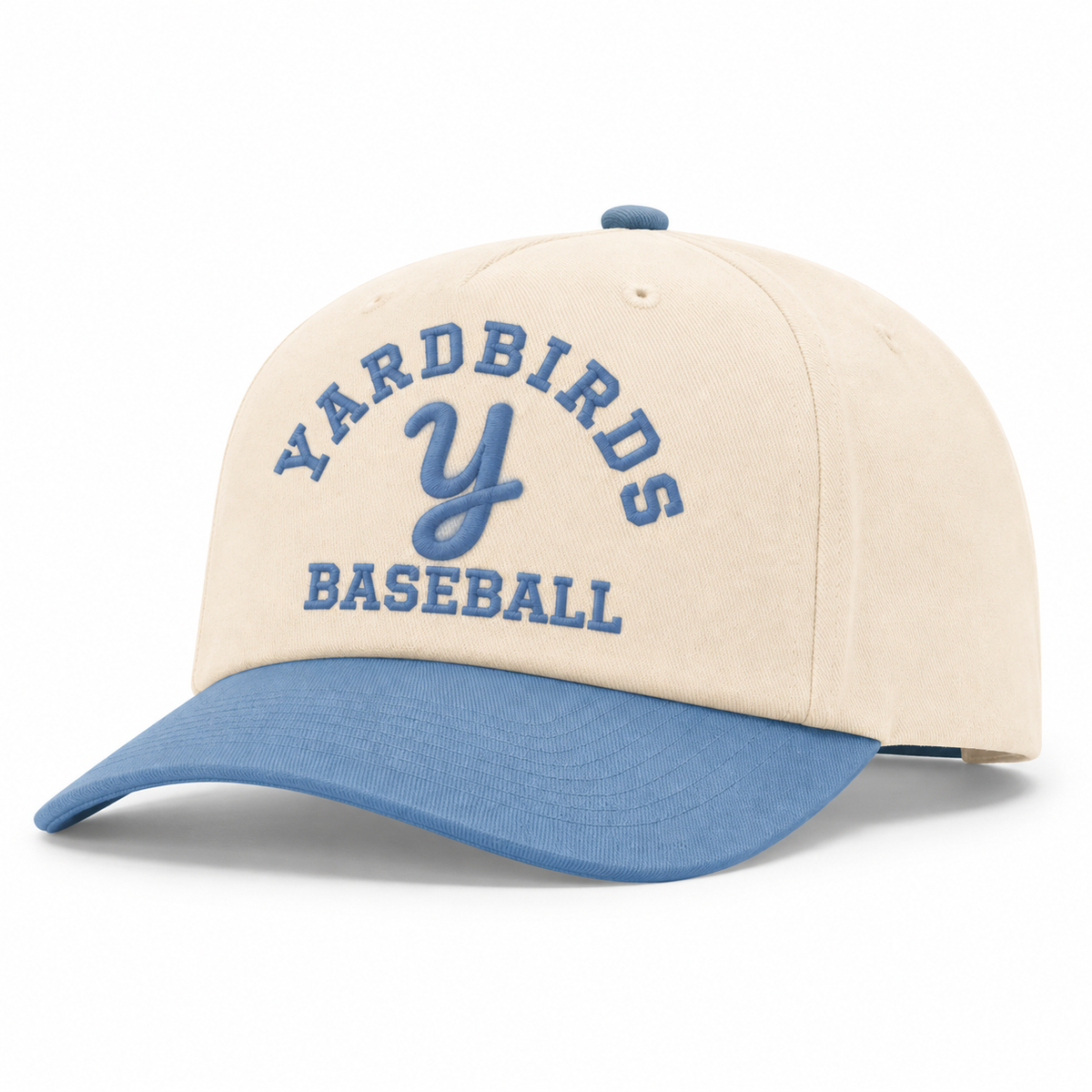 Cream and Columbia blue hat with matching blue arched Yardbirds lettering, centered Y logo, and Baseball embroidery