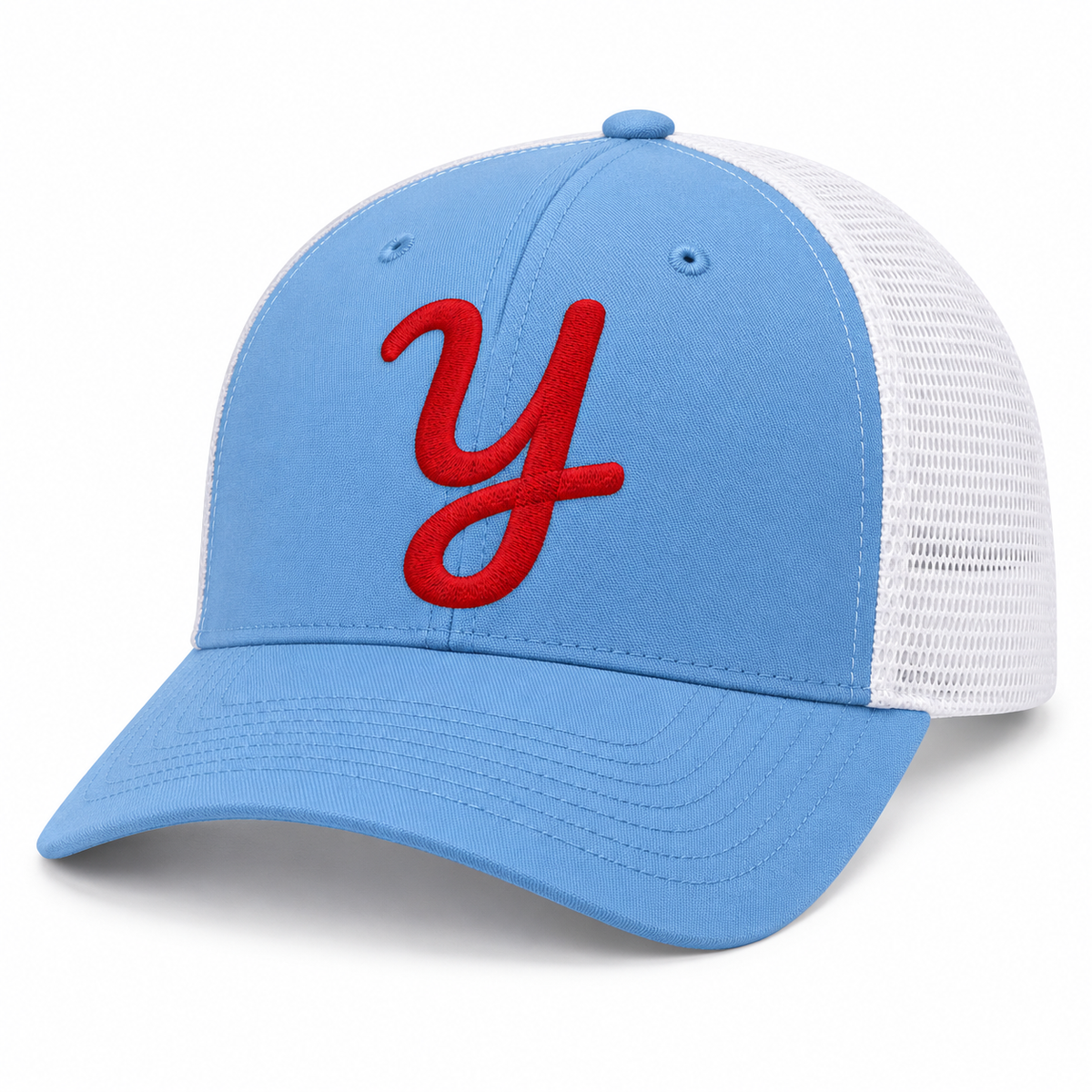 Columbia blue and white trucker hat with red embroidered Yardbirds Y