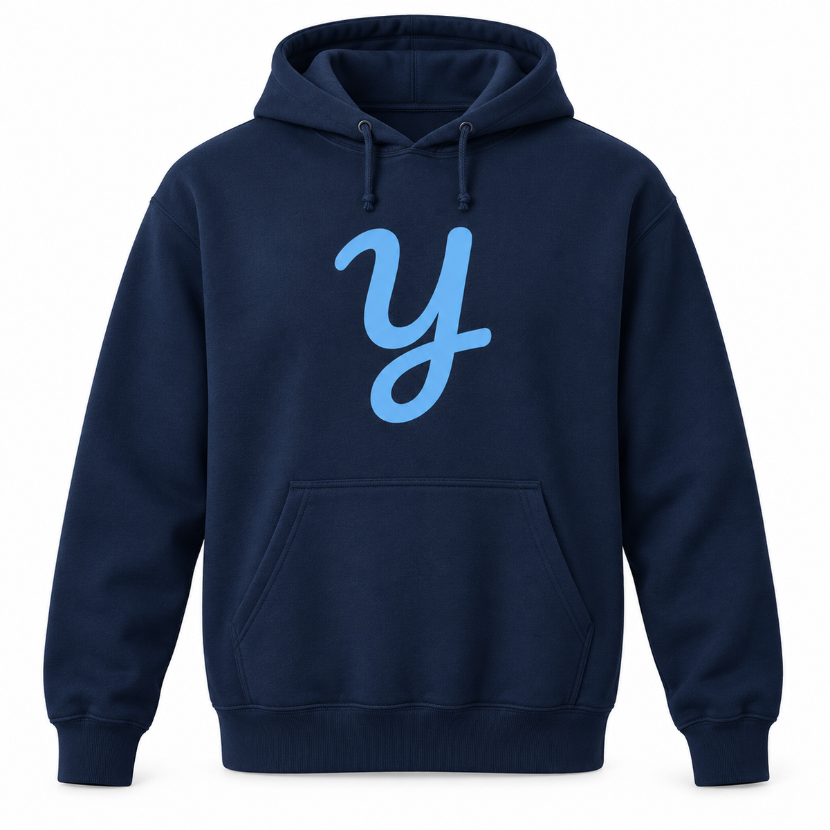 Navy fleece hoodie with Columbia blue Yardbirds Y centered on the front