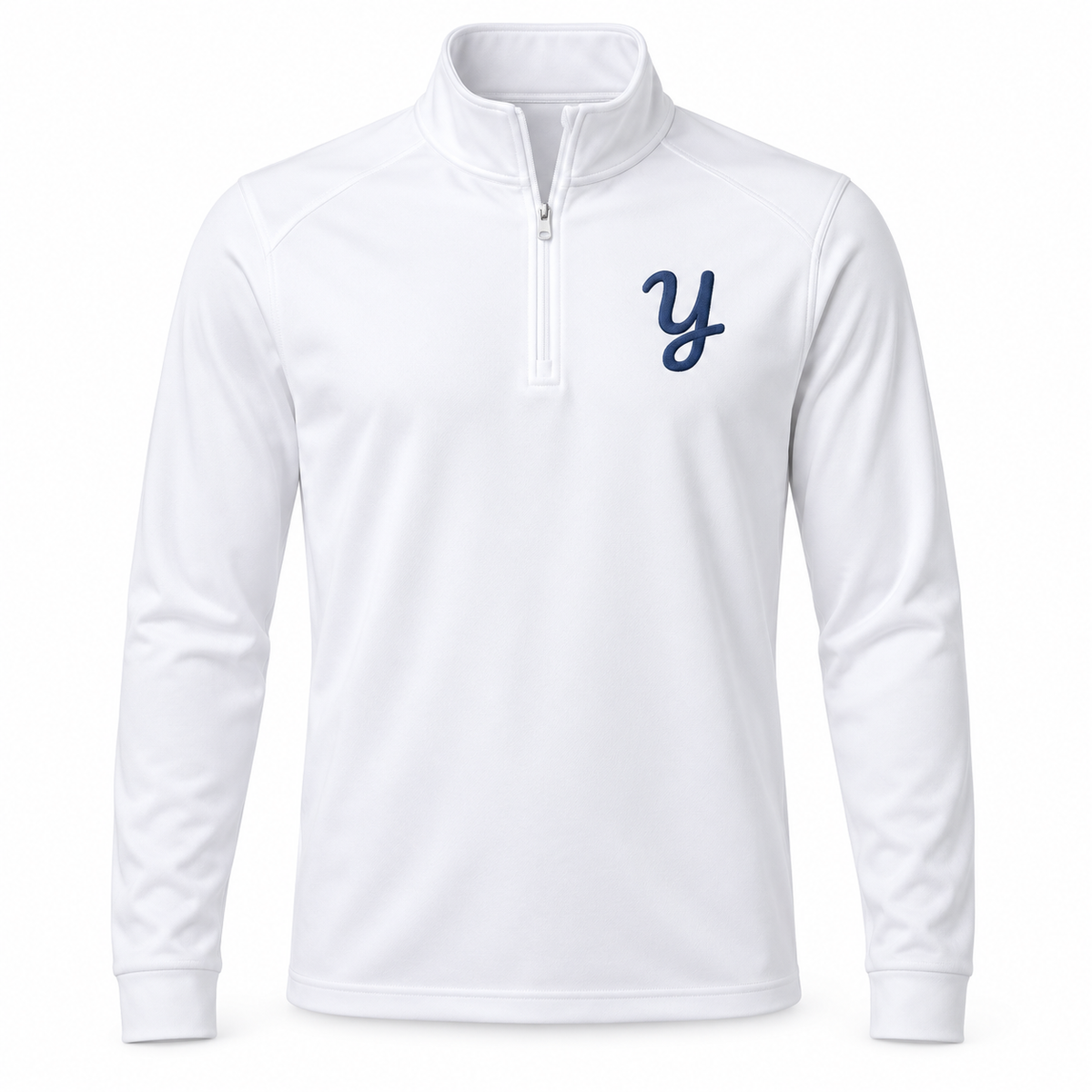 White performance quarter-zip with navy embroidered Yardbirds Y on the left chest