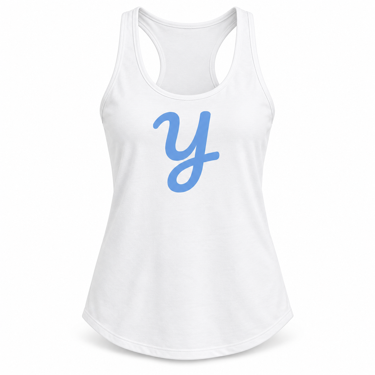 White women's racerback tank with Columbia blue Yardbirds Y on the front