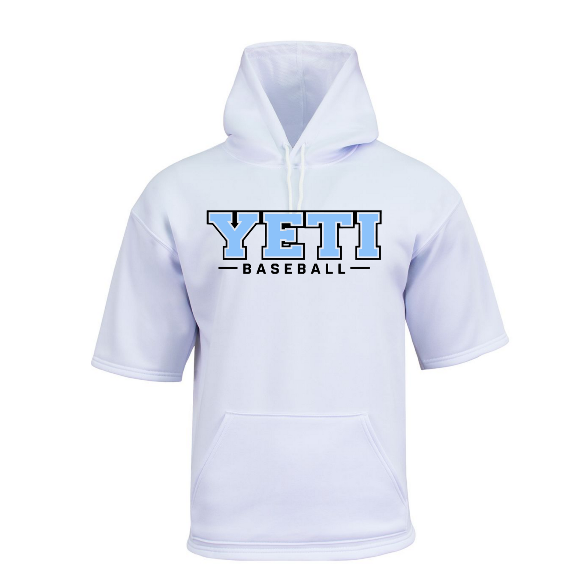 White hoodie with 'YETI BASEBALL' text on a white background