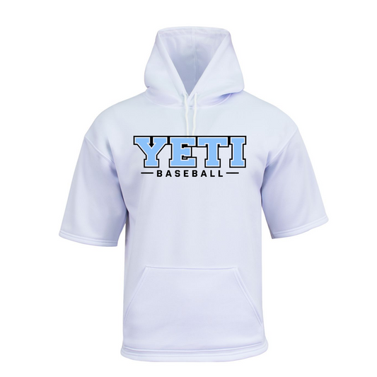 White hoodie with 'YETI BASEBALL' text on a white background