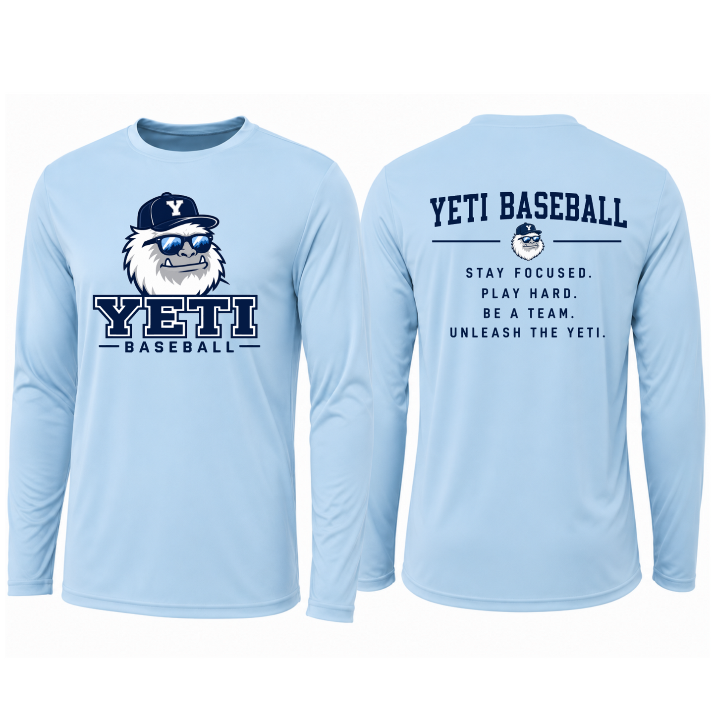 Light blue long-sleeve shirt with Yeti Baseball design on a white background
