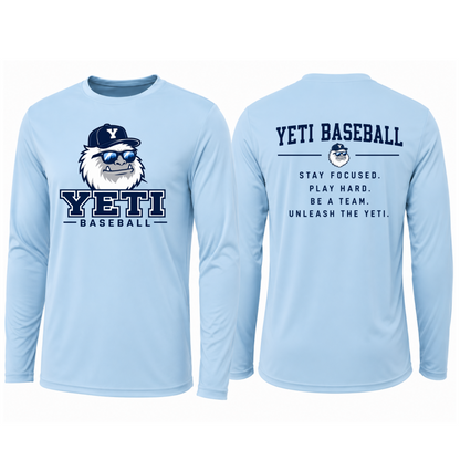 Light blue long-sleeve shirt with Yeti Baseball design on a white background