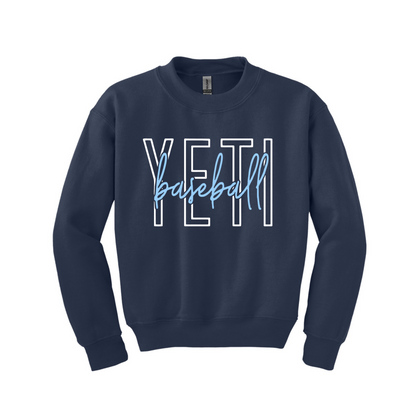 Navy blue sweatshirt with 'YETI baseball' text on a white background