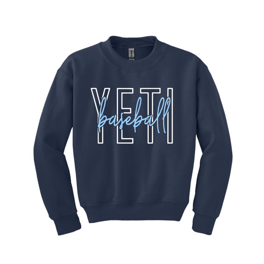 Navy blue sweatshirt with 'YETI baseball' text on a white background