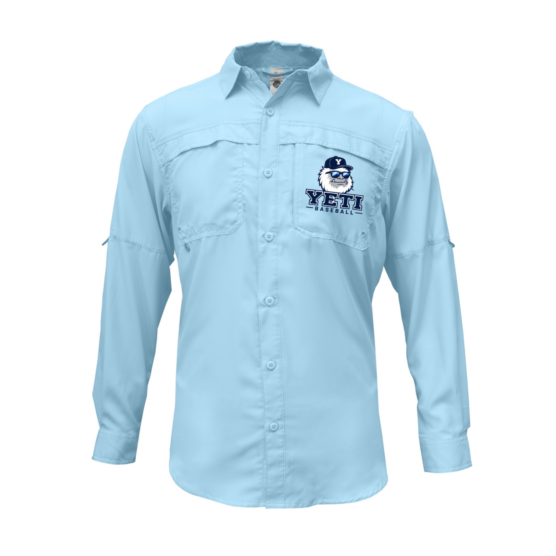 Light blue button-up shirt with a logo on the chest against a white background