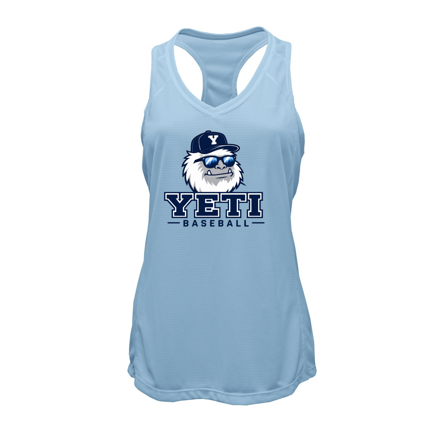 Light blue tank top with Yeti baseball logo on a white background