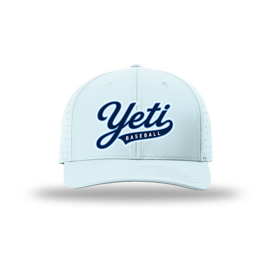 Light blue baseball cap with 'Yeti Baseball' text on a white background