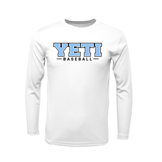 White long-sleeve shirt with 'YETI BASEBALL' text on a white background