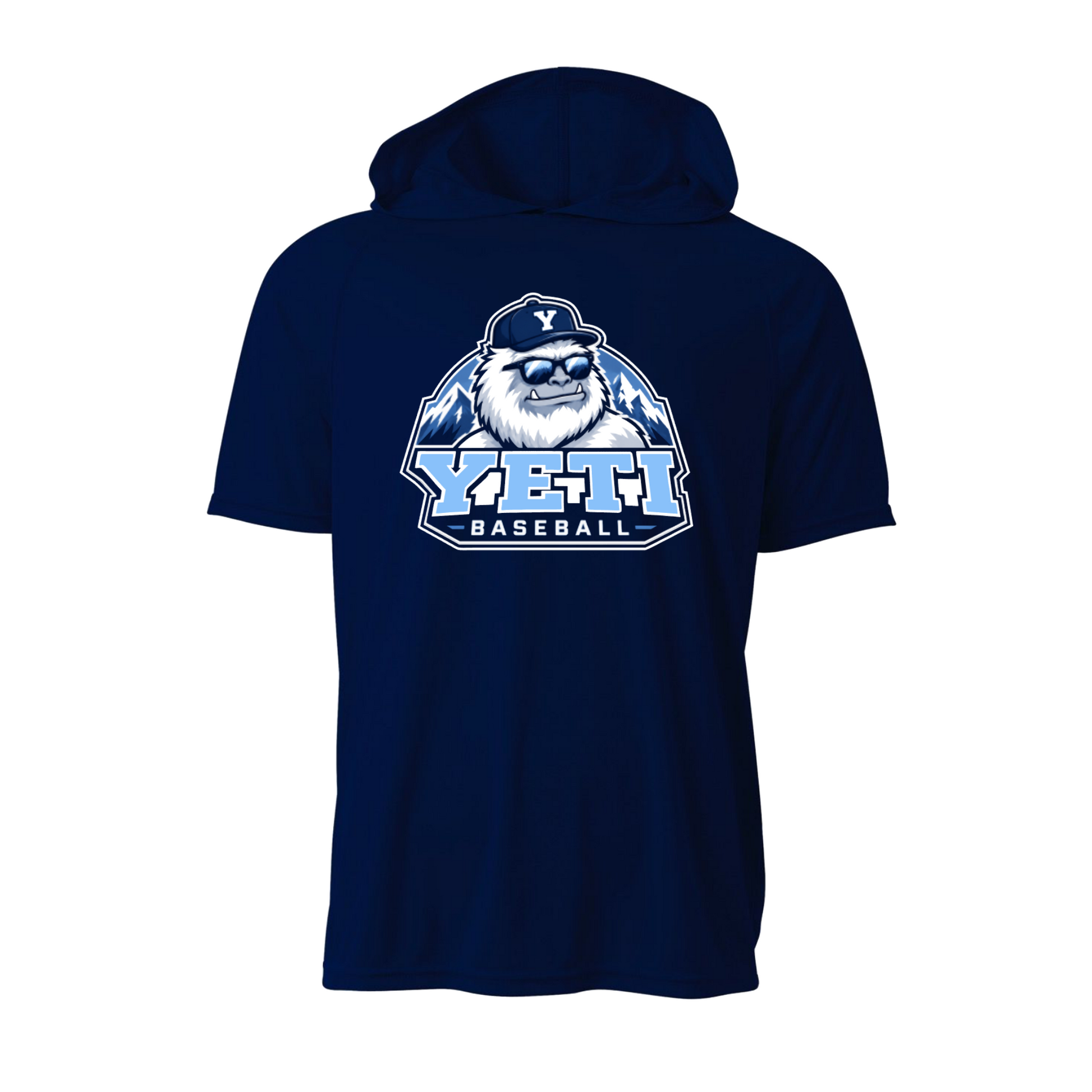 A navy blue short-sleeve hoodie with a large 'YETI BASEBALL' graphic on the chest, featuring a cartoon yeti wearing a cap with a Y logo, set against a plain white background.
