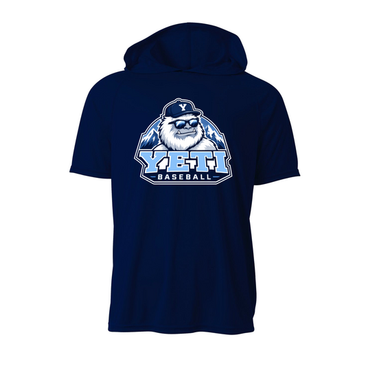 A navy blue short-sleeve hoodie with a large 'YETI BASEBALL' graphic on the chest, featuring a cartoon yeti wearing a cap with a Y logo, set against a plain white background.