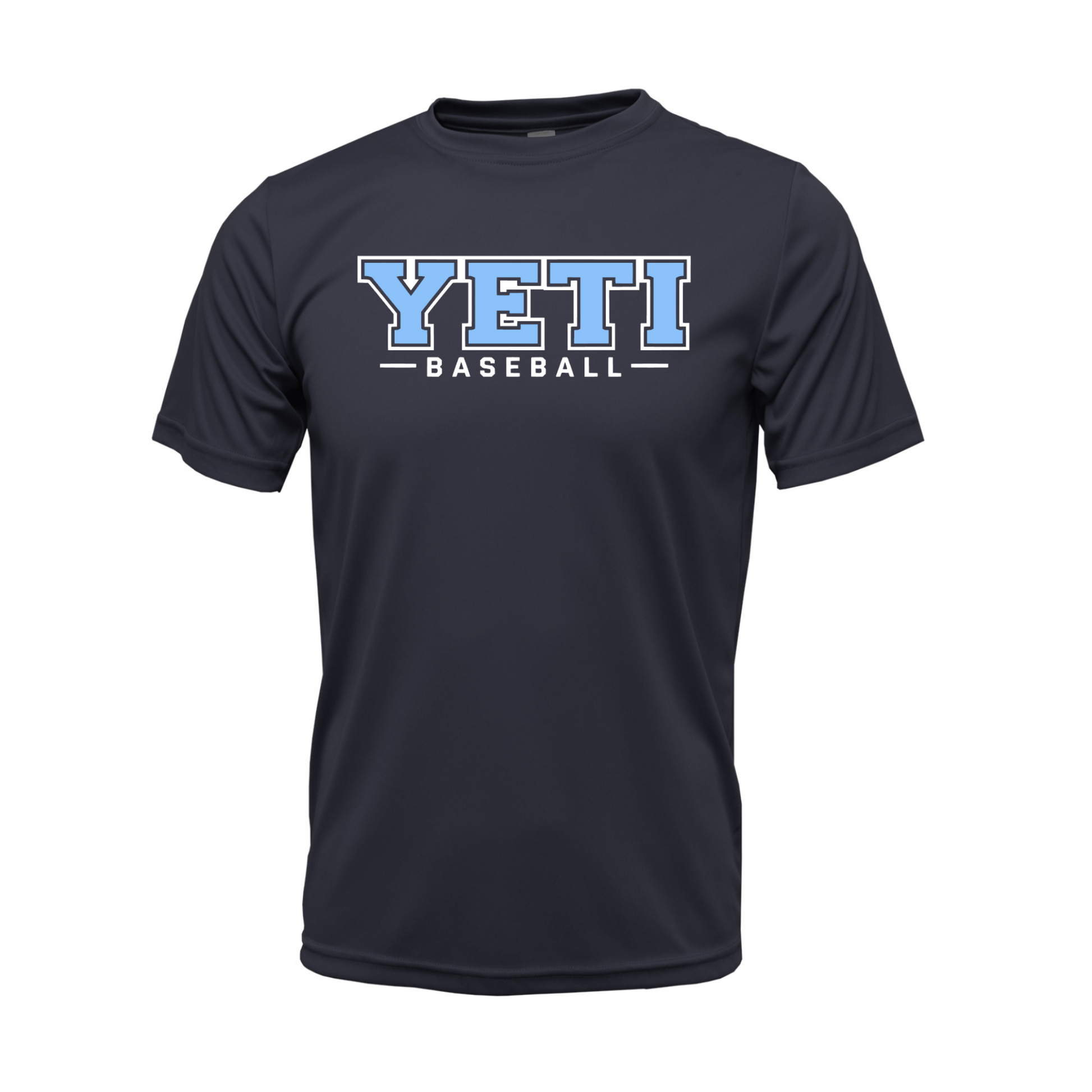 Navy shirt with ice blue text on a white background