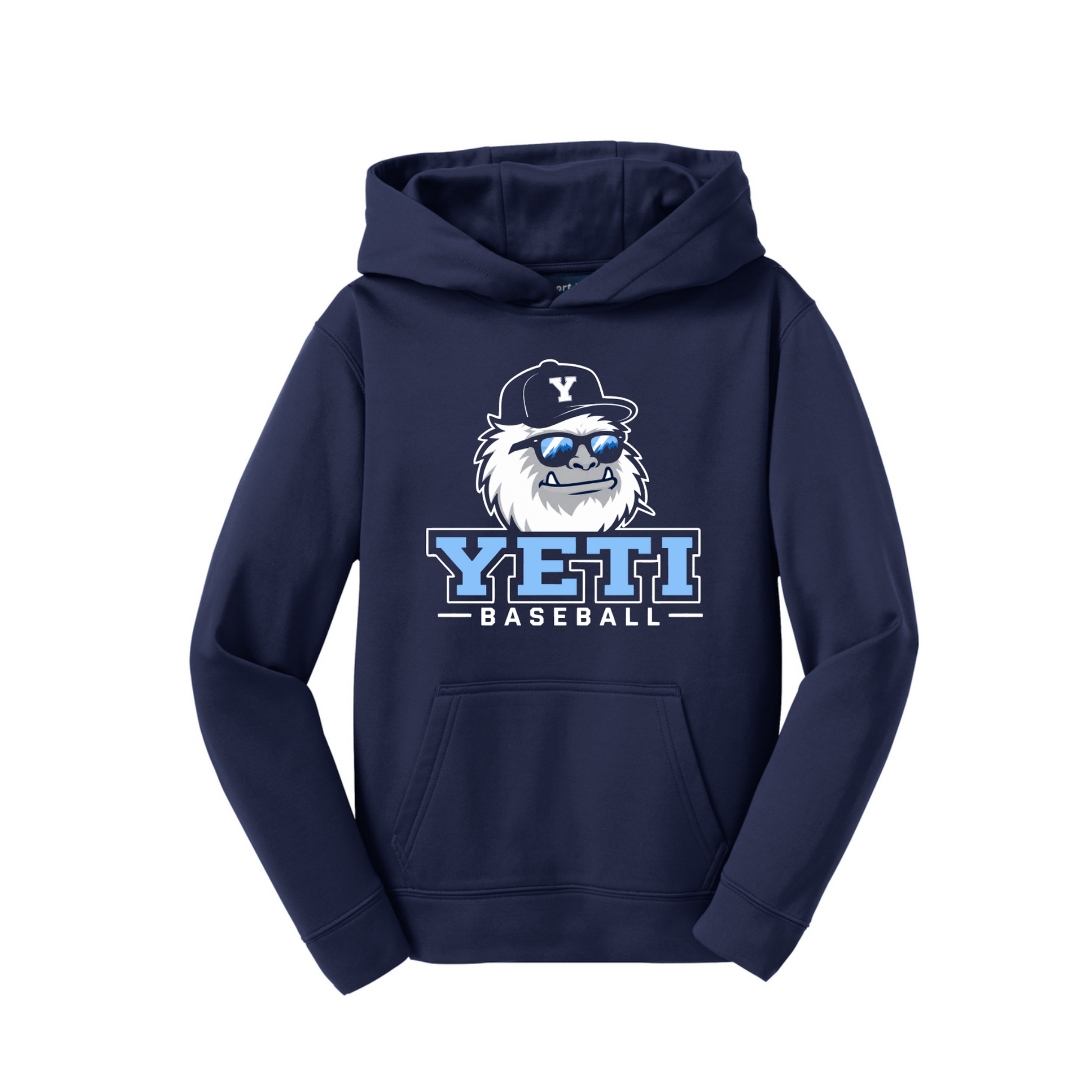 Navy blue hoodie with Yeti logo and text on a white background