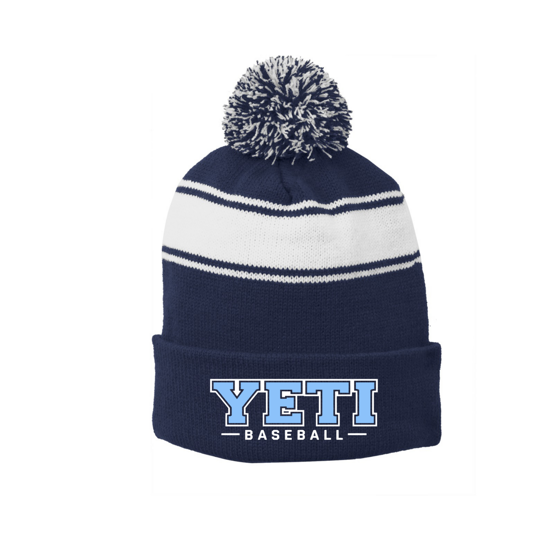 Navy and white beanie with pom-pom and 'YETI BASEBALL' text on a white background