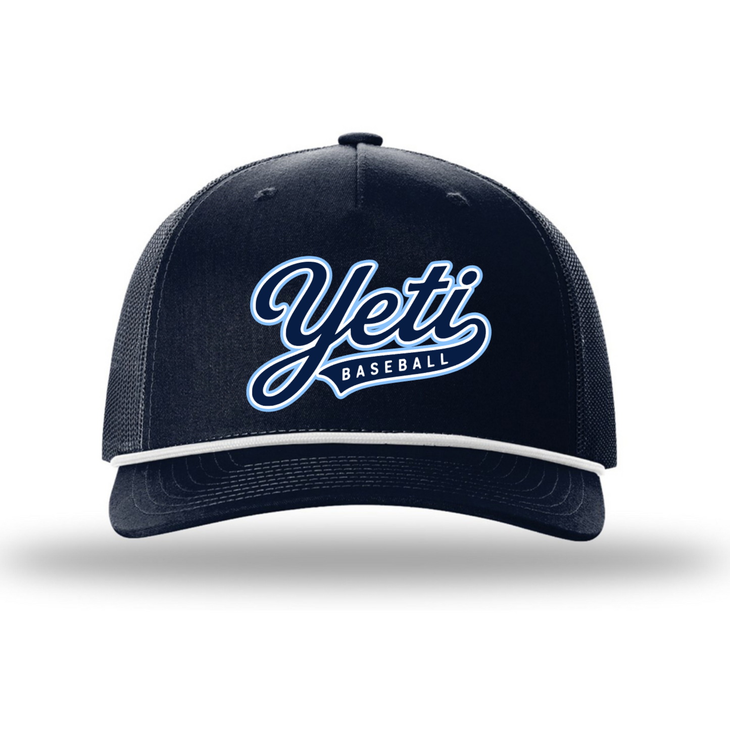 Navy blue baseball cap with 'Yeti Baseball' logo on a white background