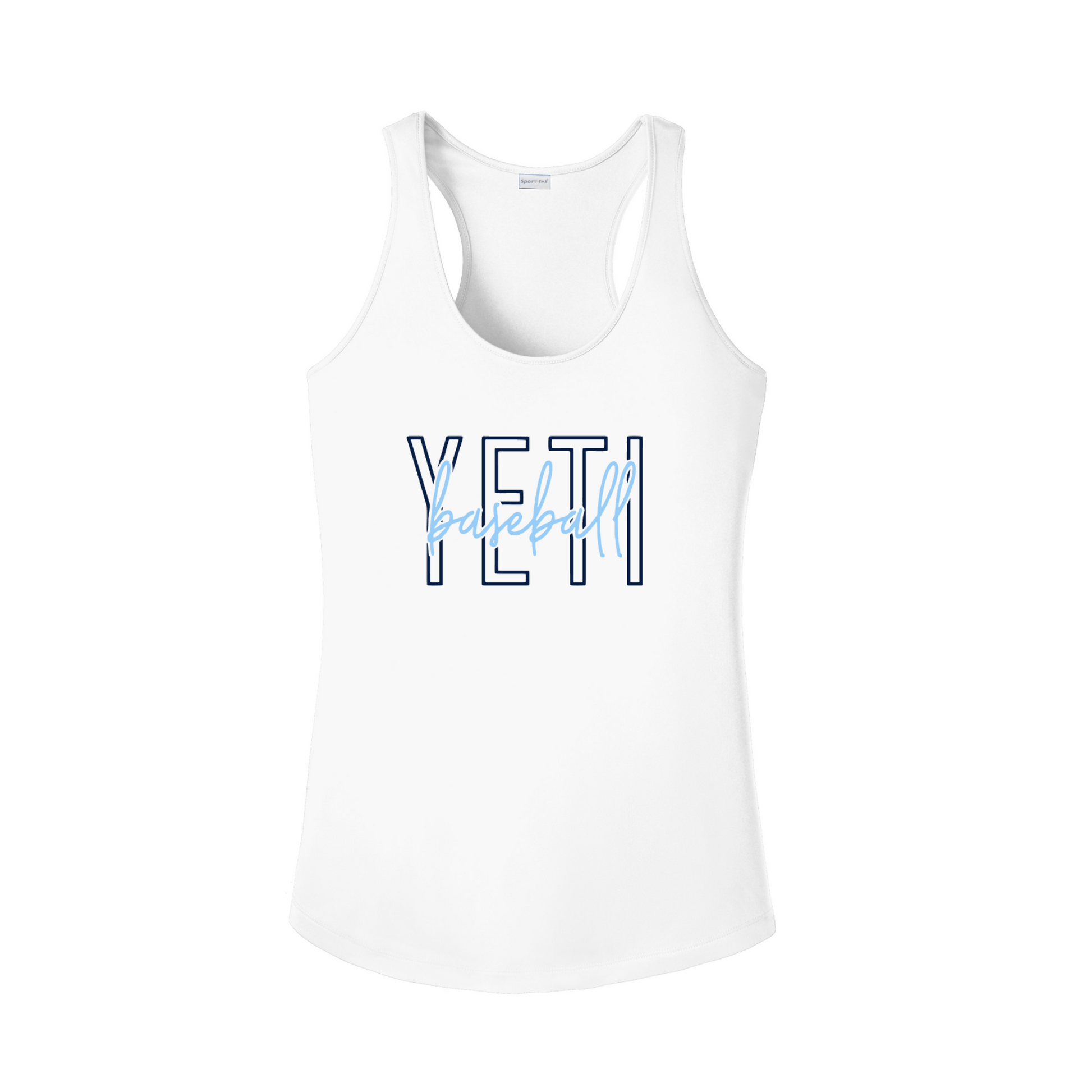 White tank top with 'YETI baseball' text on a white background