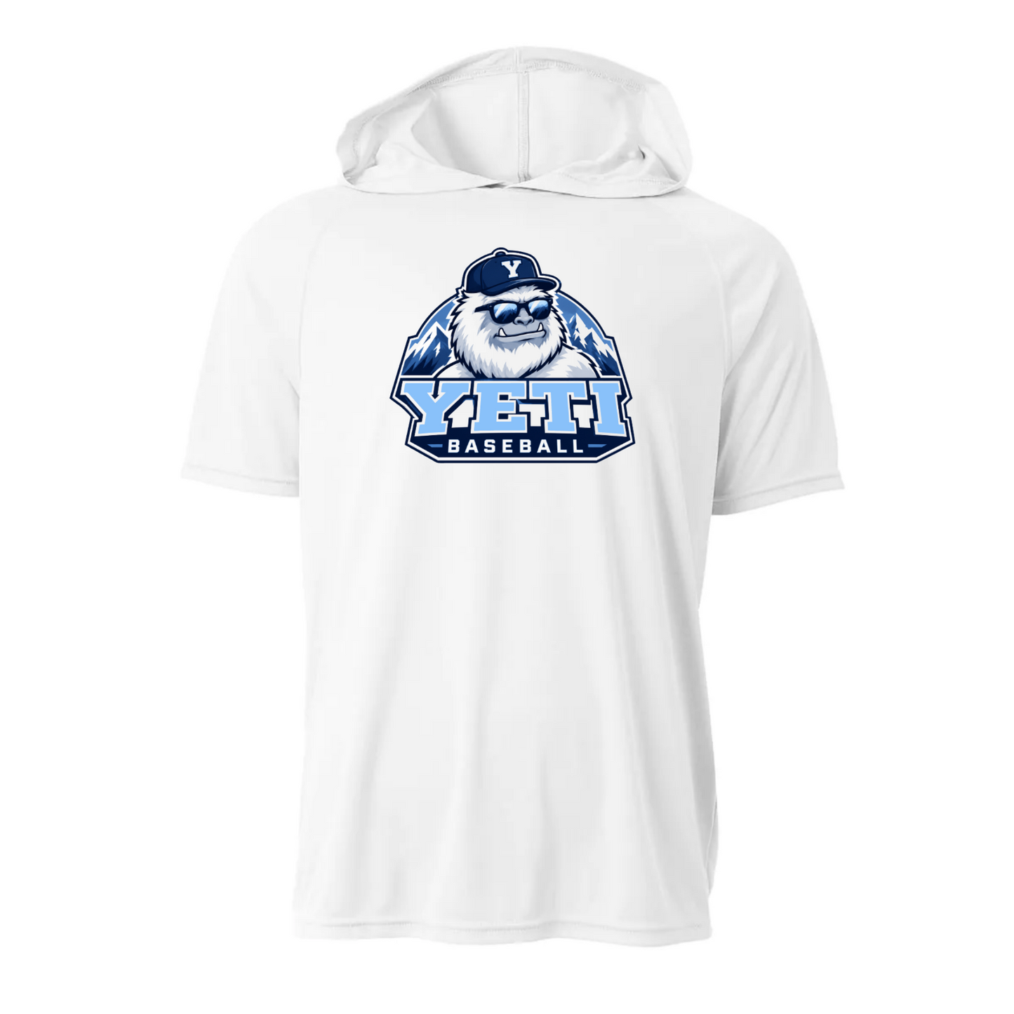 White t-shirt with YETI BASEBALL logo featuring a bear wearing a cap on a white background