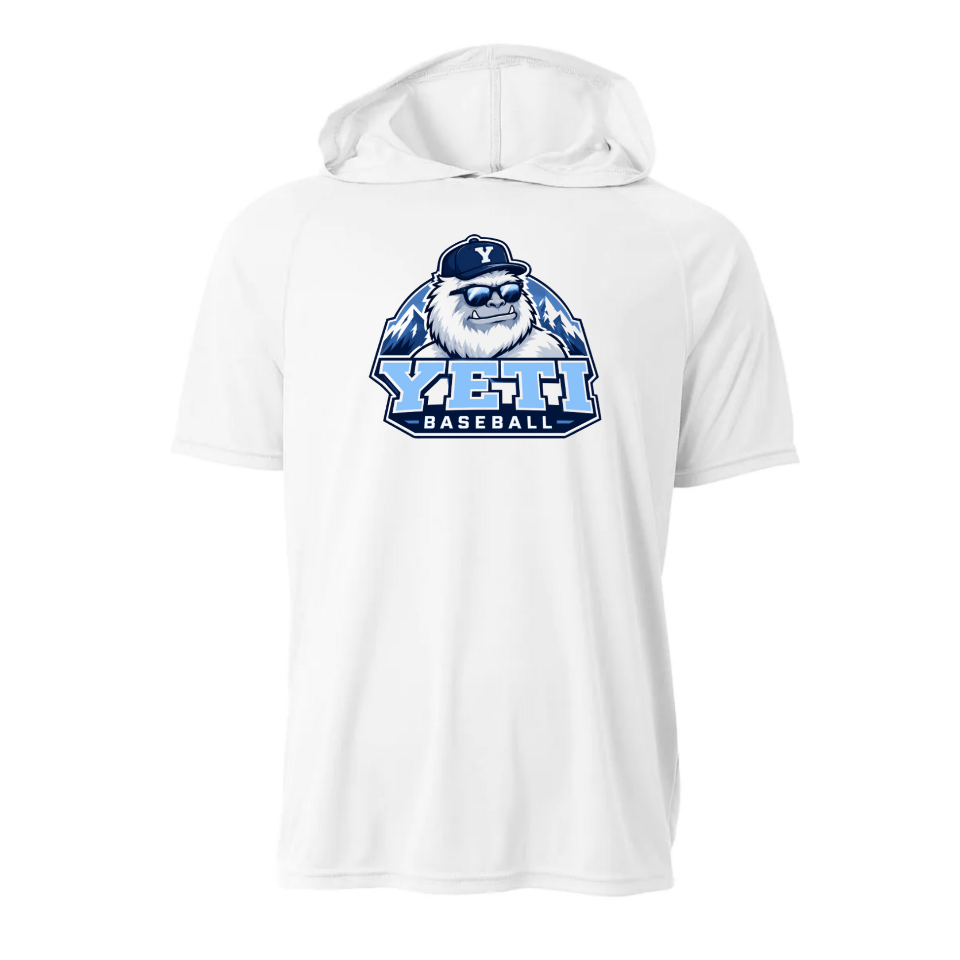 White t-shirt with YETI BASEBALL logo featuring a bear wearing a cap on a white background