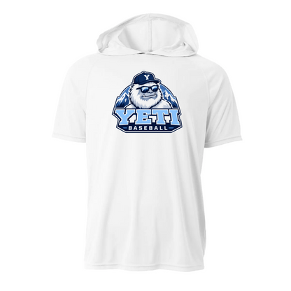 White t-shirt with YETI BASEBALL logo featuring a bear wearing a cap on a white background
