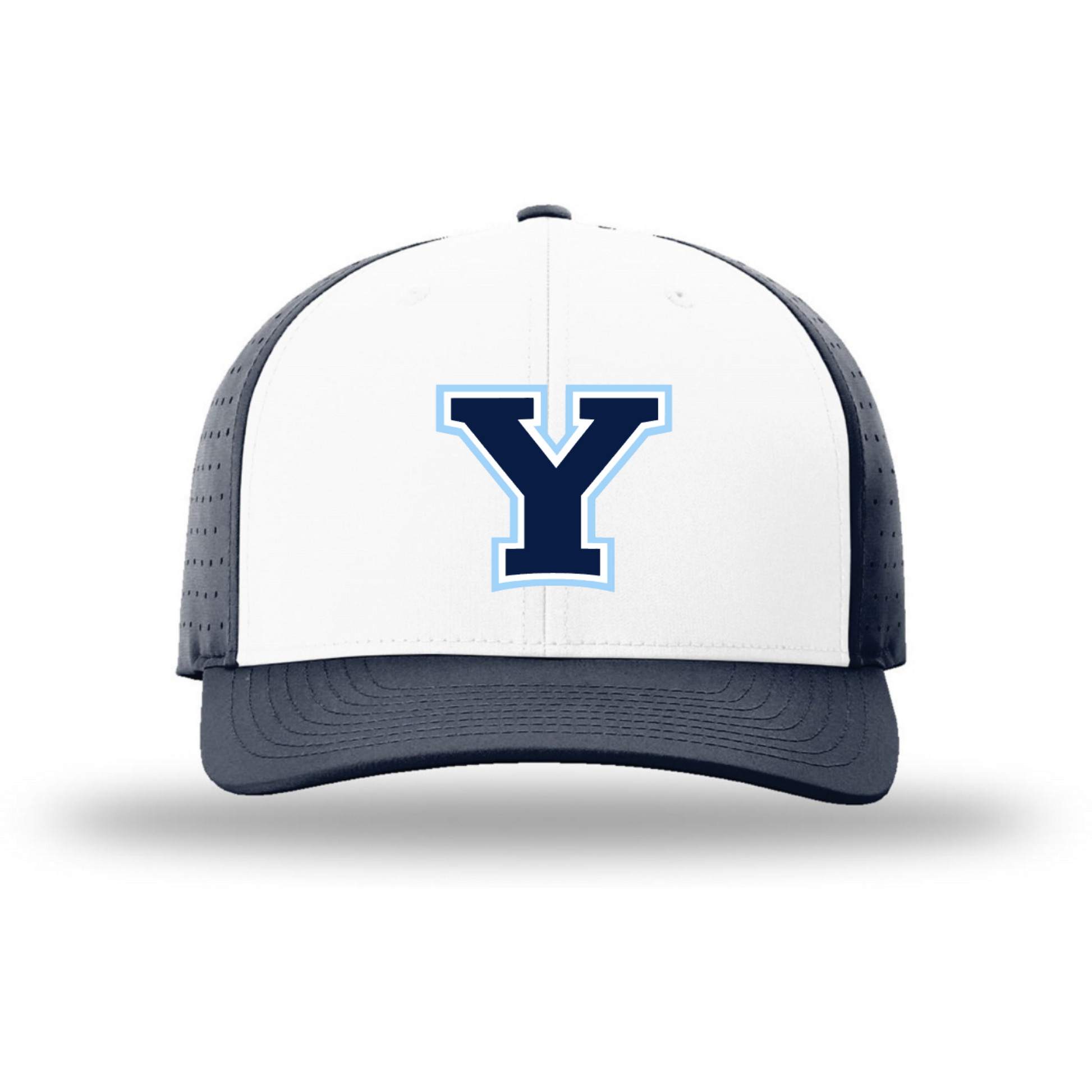 Trucker hat with a blue 'Y' logo on a white background