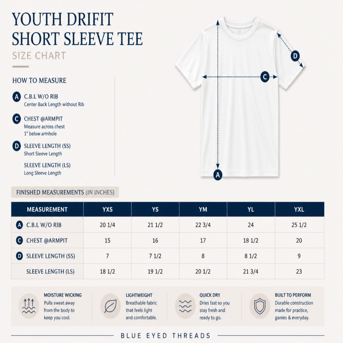 Size chart for Youth Driftit Short Sleeve Tee with measurements and features listed.