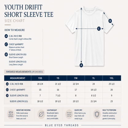 Size chart for Youth Driftit Short Sleeve Tee with measurements and features listed.