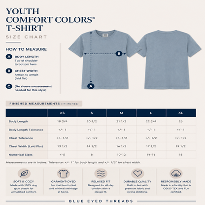 Size chart for Youth Comfort Colors t-shirt with blue t-shirt illustration