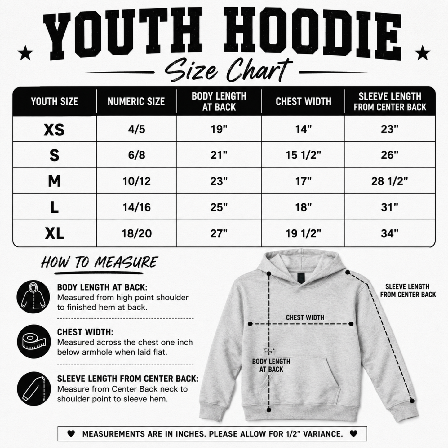 A youth hoodie size chart infographic showing a measurement table from XS to XL with numeric sizes, body length, chest width, and sleeve length. It includes a small how-to-measure section with icons and a gray hoodie illustration with labeled measurement lines.
