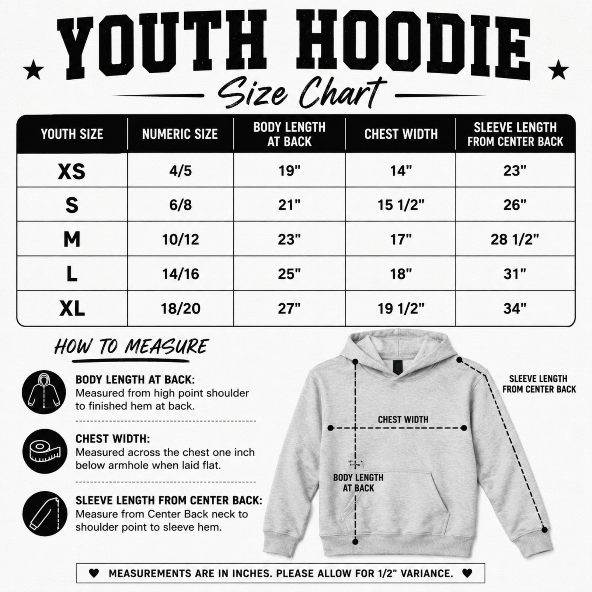 A youth hoodie size chart infographic showing a measurement table from XS to XL with numeric sizes, body length, chest width, and sleeve length. It includes a small how-to-measure section with icons and a gray hoodie illustration with labeled measurement lines.